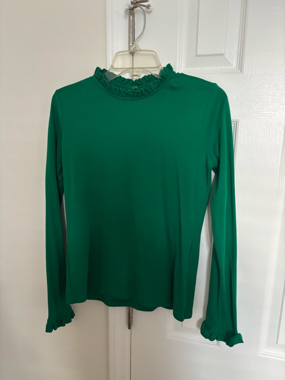 Ann Taylor Emerald Green Ruffle Mock Neck Long Sleeve Top